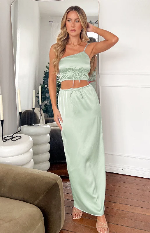 Lala Sage Satin Maxi Skirt flowy skirt hem