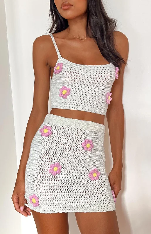 Flower Power White Mini Skirt belted skirt waist