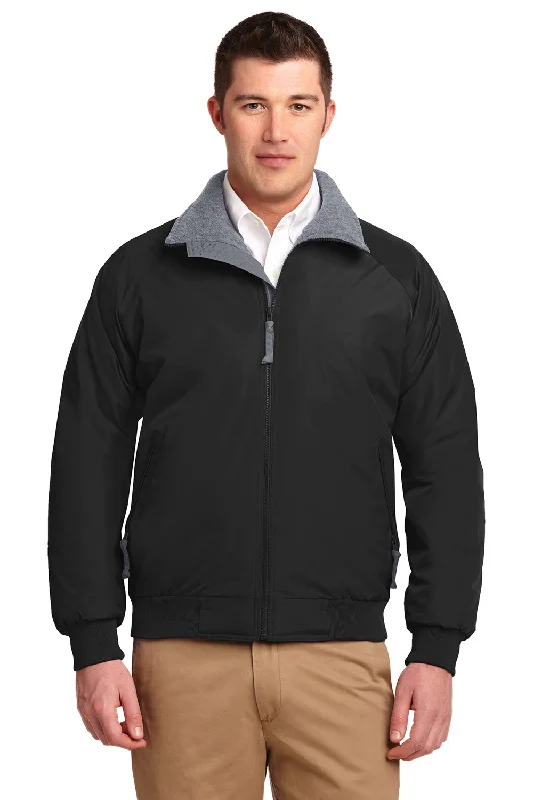 Port Authority Mens Challenger Wind & Water Resistant Full Zip Jacket - True Black/Heather Grey Welt Pockets Slit Pockets Flap Pockets