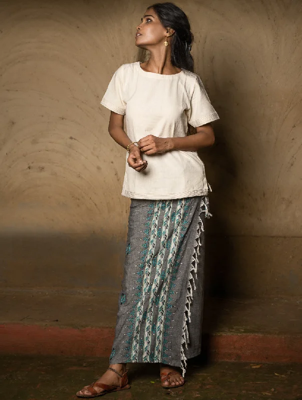 Handwoven Khesh & Kantha Embroidered Cotton Wrap Skirt - Grey & Blues corduroy skirt durable