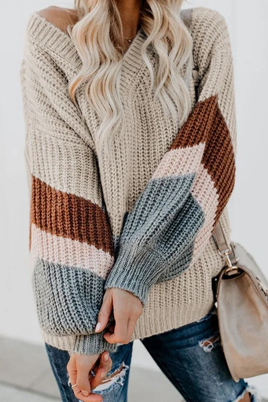 V NECK STRIPED PATCHWORK SLEEVE KNIT SWEATER Front Pockets Side Pockets Patch Pockets
