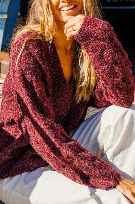 V-NECK CABLE KNIT SWEATER TOP Terry Blend Velvet Blend Canvas Blend