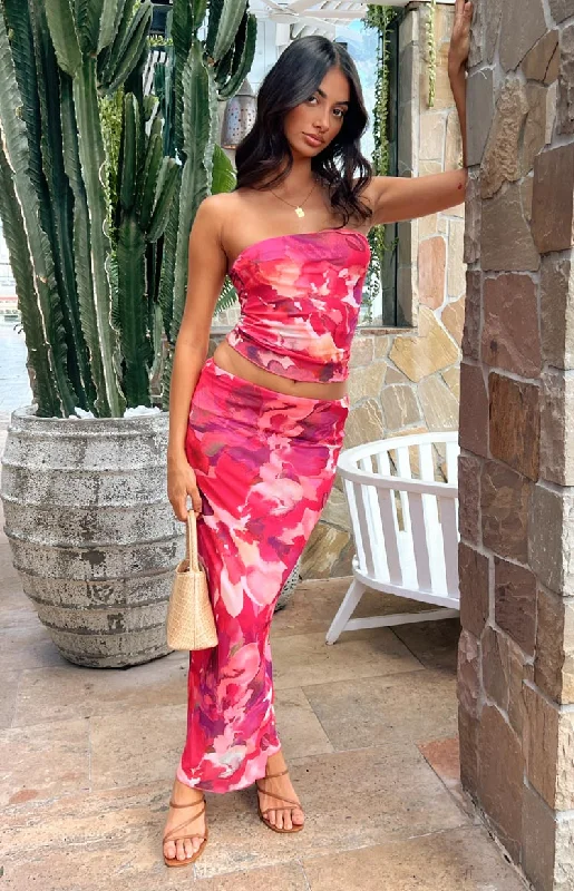 When in Rome Pink Print Mesh Maxi Skirt lace skirt intricate