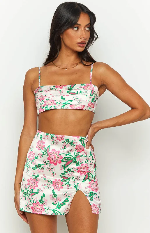 Miranda White Floral Satin Mini Skirt leather skirt sleek