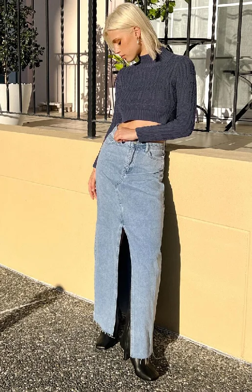 Blinding Lights Blue Denim Front Split Maxi Skirt high waist skirt