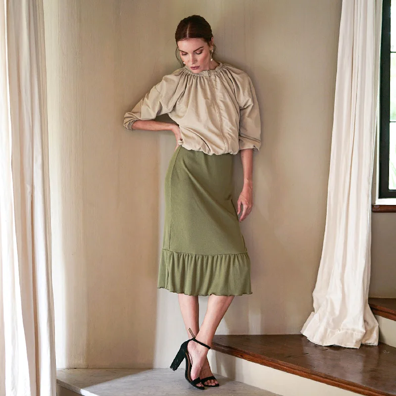 MARJORIE Ruffle Rib Skirt in Moss Green ribbed skirt waist