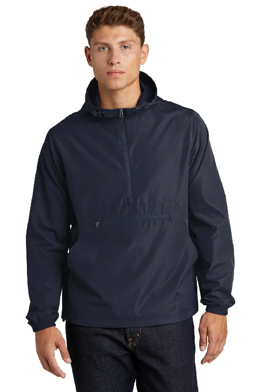 Sport-Tek Mens Wind & Water Resistant Packable Anorak 1/4 Zip Hooded Jacket - True Navy Blue Cardigan Sweater Pullover