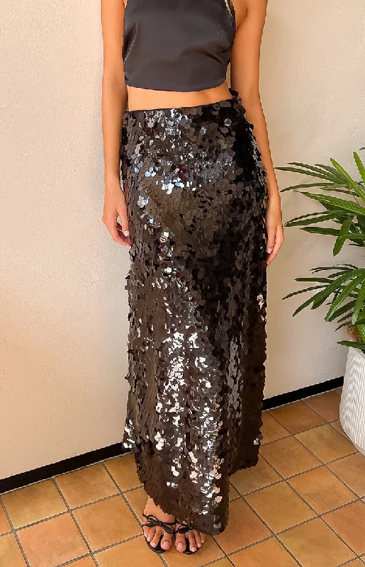 Genevieve Black Sequin Maxi Skirt chiffon skirt airy