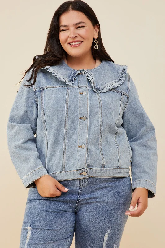 Womens Exaggerated Ruffle Collar Denim Jacket Wool Jacket Cashmere Jacket Tweed Jacket