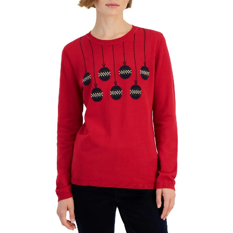 Tommy Hilfiger Womens Ornament Graphic Cotton Christmas Sweater Zippered Front Buttoned Front Snap Front