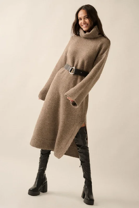 Cowl Neck Midi Sweater Dress- Mocha Elasticated Padded Insulated