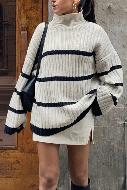 STRIPED VINTAGE MOCK NECK KNITTED SWEATER Handmade Hand-knitted Hand-woven