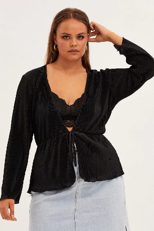 Black Plisse Jacket Tie Front Long Sleeve Tiered Jacket Buttoned Jacket Zippered Jacket