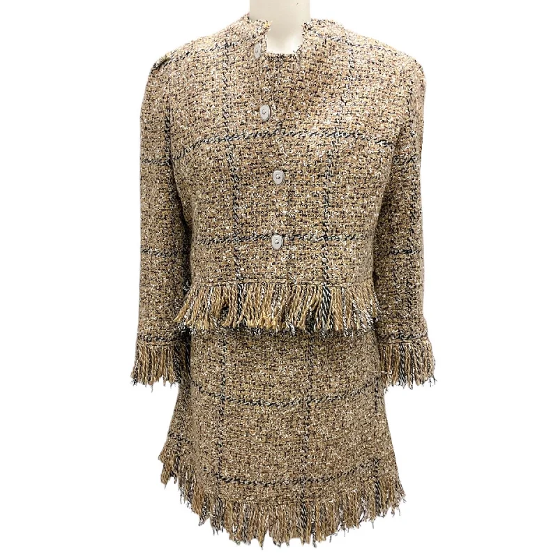 Sonia Rykiel Tan Multi Fringed Wool Tweed Jacket and Dress Suit Set Notch Collar Peter Pan Collar Cowl Neck
