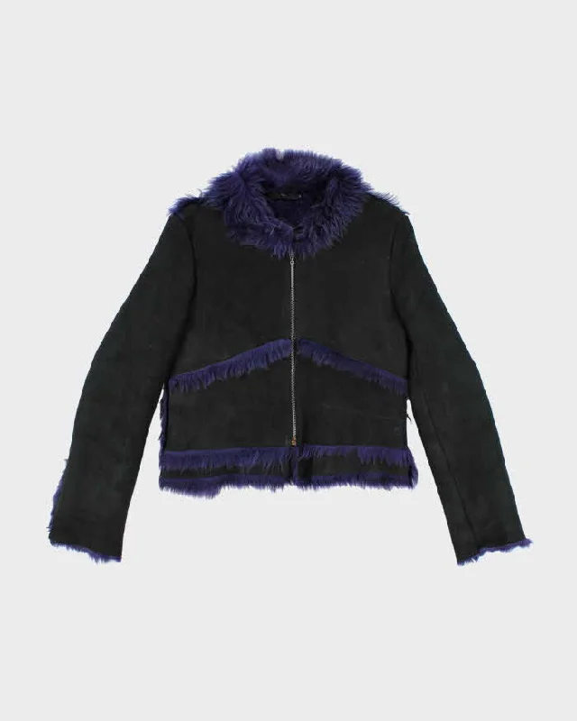 Vintage Y2k 00s Gigli Black Suede Purple Faux Fur Jacket - S One-Shoulder Jacket Off-the-Shoulder Jacket Asymmetrical Jacket