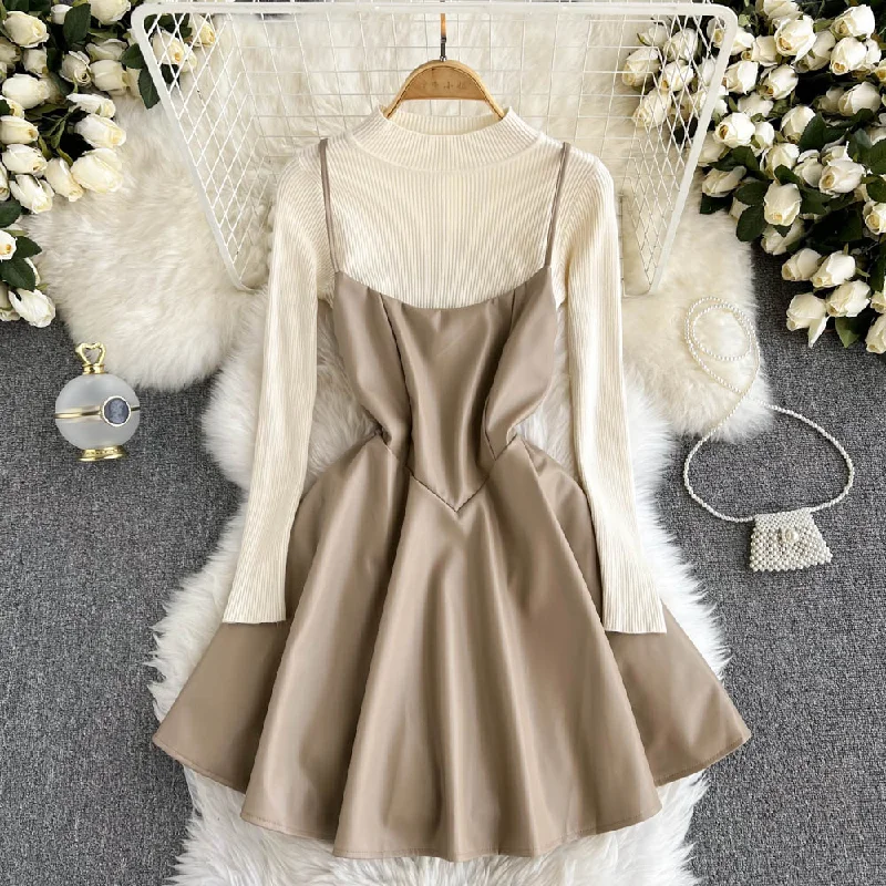 Fashionable Knitted Base Sweater + A Line PU Leather Dress Fashion Dress  10885 Long Sweater Short Sweater Cropped Sweater