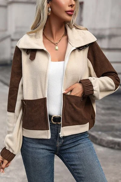 Color Block Zip Up Pocketed Jacket Knit Jacket Woven Jacket Fleece Jacket