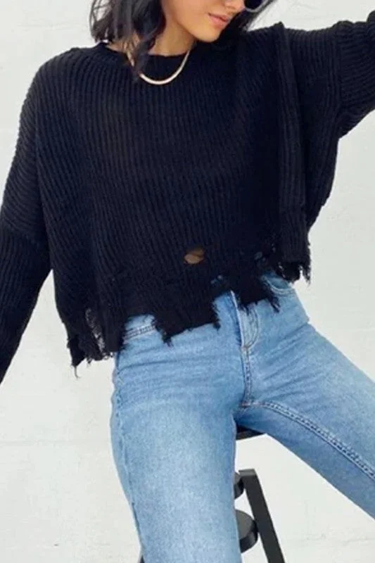 DISTRESSED DROP SHOULDER SWEATER Satin Fabric Silk Fabric Chiffon Fabric