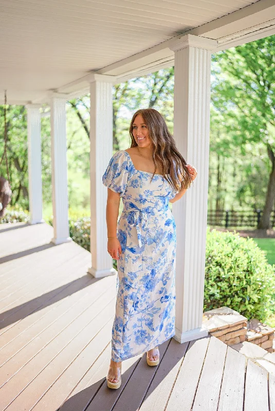 Blue Floral Maxi Skirt Set tiered skirt playful