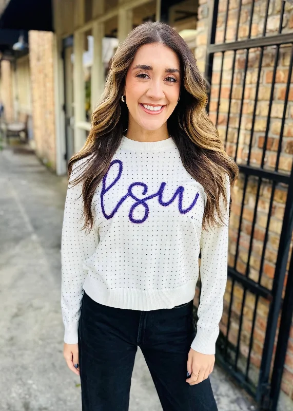 LSU Rhinestone Script Sweater Solid Color Striped Floral Print