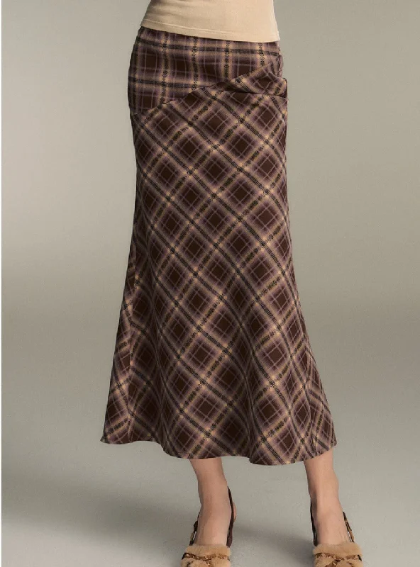 Retro Brown Check Long Mermaid Skirt tiered skirt playful