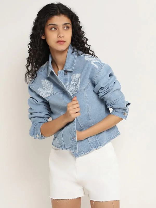 Nuon Blue Printed Denim Jacket Zippered Jacket Buttoned Jacket Snapped Jacket
