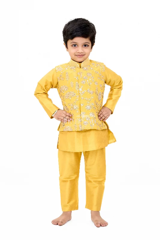 Boys Yellow Kurta Set with Embroidered Jacket and Pants for Traditional Occasions Ribbed Jacket Pleated Jacket Ruffled Jacket