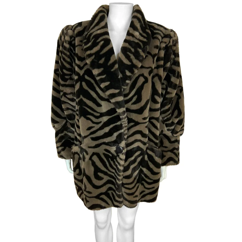 1980s Vintage Faux Fur Jacket Coat Tiger Stripe Ladies Sz 10 Rayon Fabric Velvet Fabric Corduroy Fabric