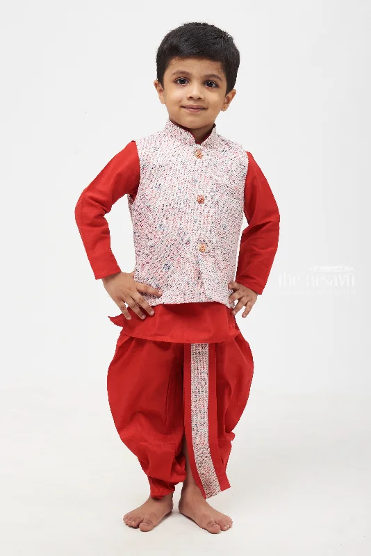 Crimson Craftsmanship: Resham Jacket Highlight with Red Kurta & Panchagajam Set for Boys Ribbed Jacket Pleated Jacket Ruffled Jacket