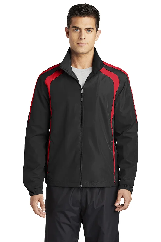Sport-Tek Mens Water Resistant Full Zip Jacket - Black/True Red Snapped Jacket Toggled Jacket Drawstring Jacket
