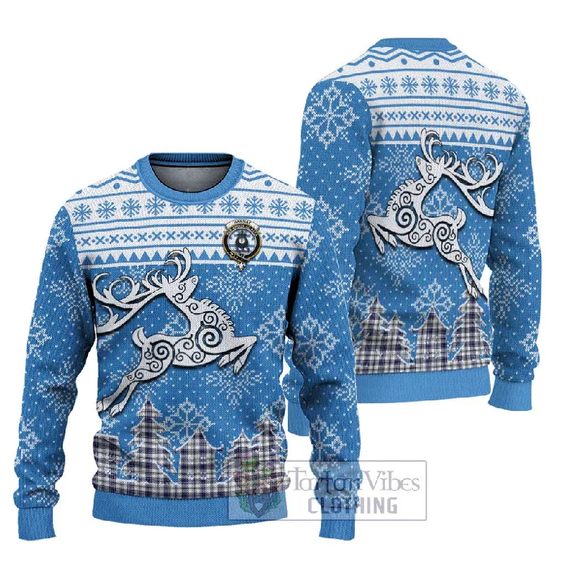 Hannay Clan Christmas Ugly Sweater Celtic Reindeer Style Denim Fabric Leather Fabric Suede Fabric