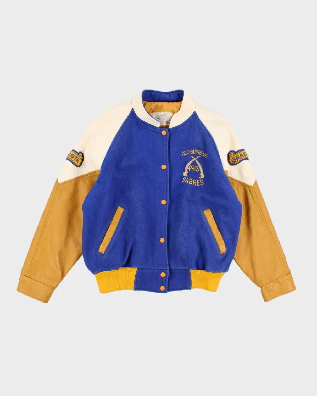 Vintage Blue And Yellow Leather Varsity Jacket - XL Lace Jacket Ribbed Jacket Sequined Jacket