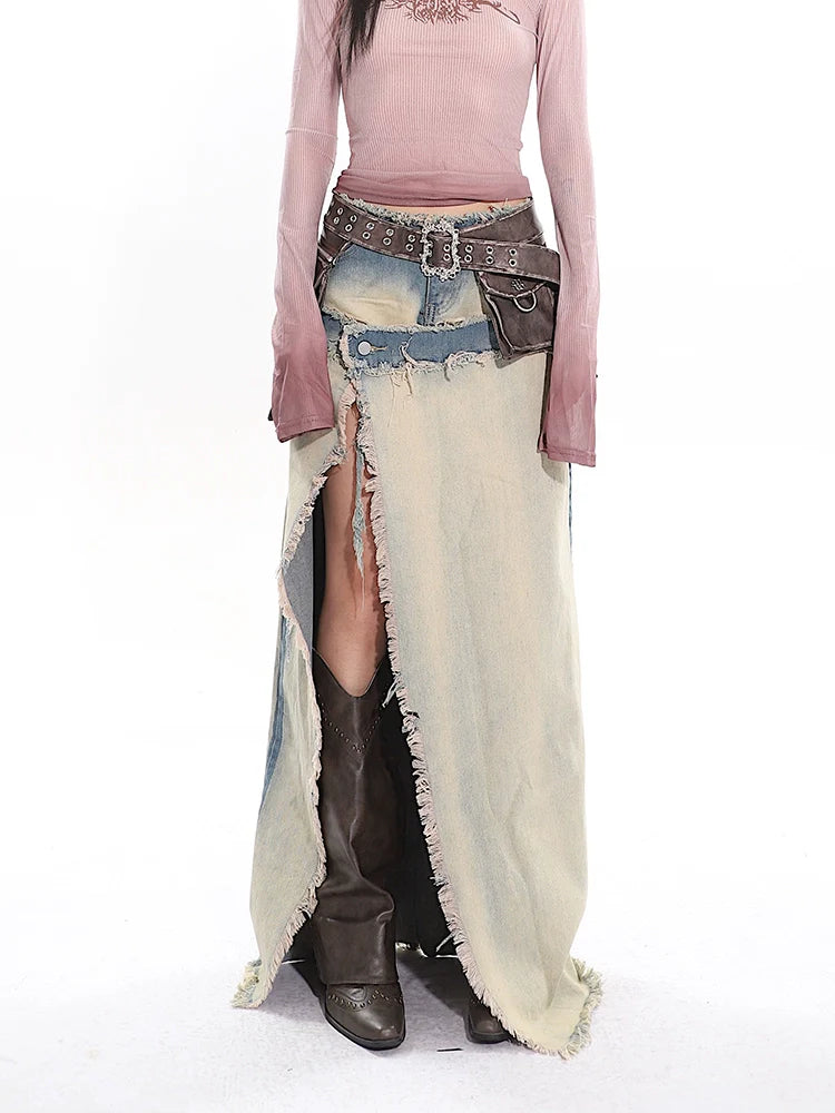 Distressed Denim Cowgirl Slit Skirt chiffon skirt flowing