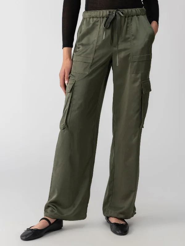 Satin Cargo Standard Rise Wide Leg Pant Dark Olive Elegant Palazzo Trousers