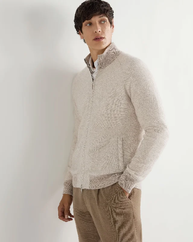 Men's Herringbone Cashmere Jacket Sand Brown Hoodie Zip-Up Jacket Button-Up Jacket