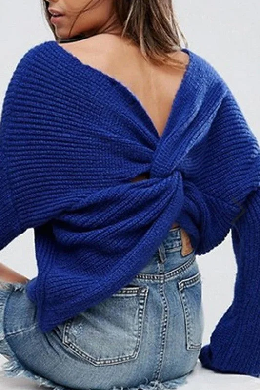 TIE V-NECK LONG SLEEVE SWEATER Spandex Blend Rayon Blend Denim Blend