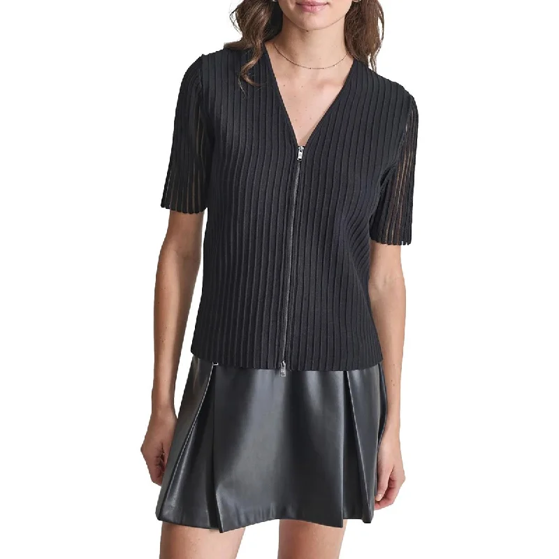 DKNY Womens Double Zipper Ribbed Knit V-Neck Sweater Satin Blend Silk Blend Wool Blend