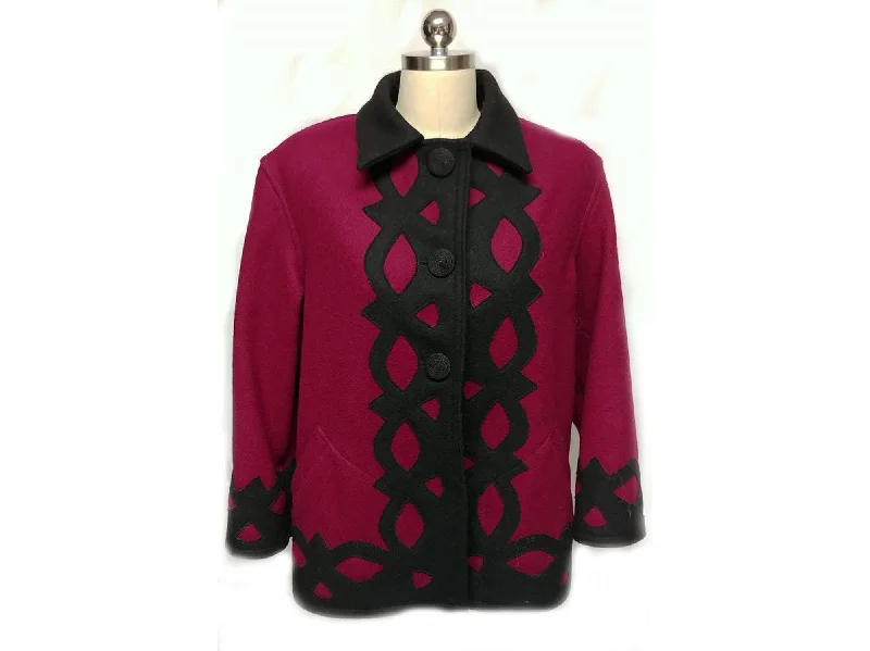 *VINTAGE 80S CINDY OWINGS DESIGNS JACKET W BLACK APPLIQUES COIL BUTTONS - MADE IN U.S.A. Corduroy Jacket Velvet Jacket Brocade Jacket