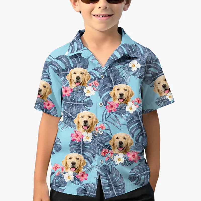 Custom Photo Kid Tropical Leaves And Pet - Dog & Cat Personalized Custom Unisex Tropical Hawaiian Aloha Shirt - Summer Vacation Gift, Birthday Gift For Kids, Pet Owners, Pet Lovers