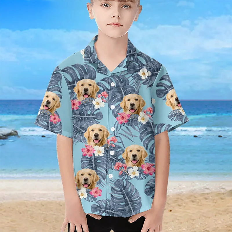 Custom Photo Kid Tropical Leaves And Pet - Dog & Cat Personalized Custom Unisex Tropical Hawaiian Aloha Shirt - Summer Vacation Gift, Birthday Gift For Kids, Pet Owners, Pet Lovers