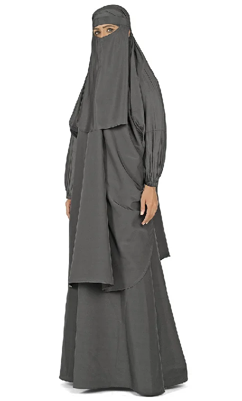 All Occasion Wear Grey Niqabh, Burkha, Khimar And Lining Set