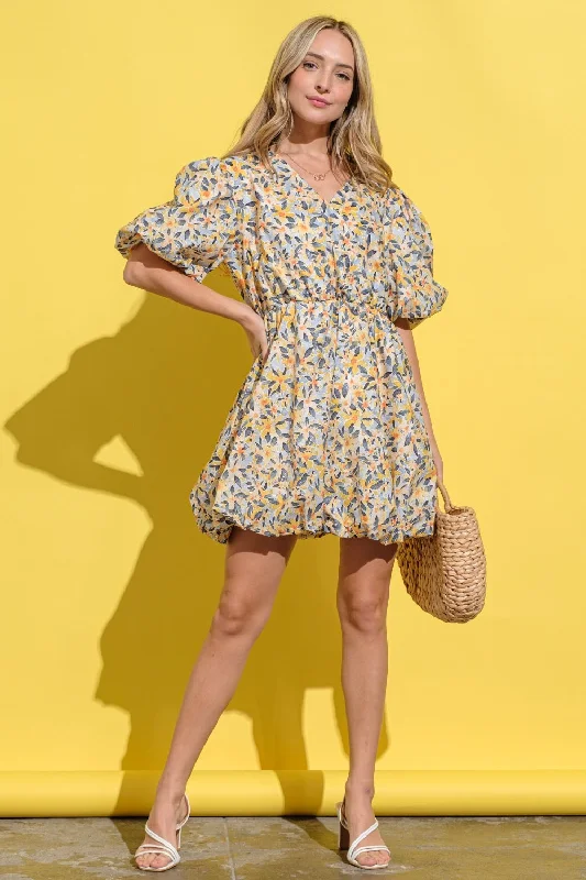 And The Why Full Size Floral Surplice Puff Sleeve Dress