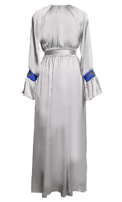 Beautiful Grey Satin Embroidered Detailing Abaya With Tassels And Loose Belt