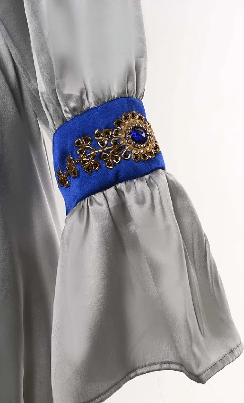 Beautiful Grey Satin Embroidered Detailing Abaya With Tassels And Loose Belt