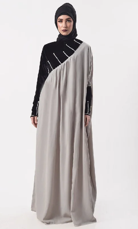 Beautiful Black And Grey Contrasted Asymmetrical Abaya & Kaftan