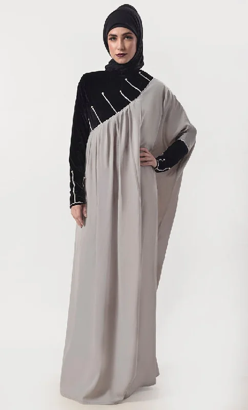 Beautiful Black And Grey Contrasted Asymmetrical Abaya & Kaftan