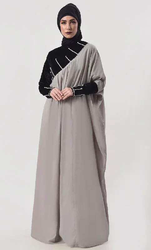 Beautiful Black And Grey Contrasted Asymmetrical Abaya & Kaftan