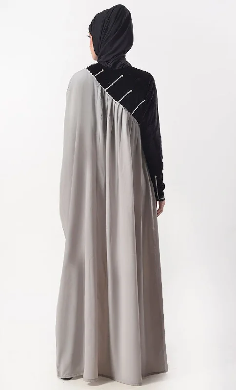 Beautiful Black And Grey Contrasted Asymmetrical Abaya & Kaftan