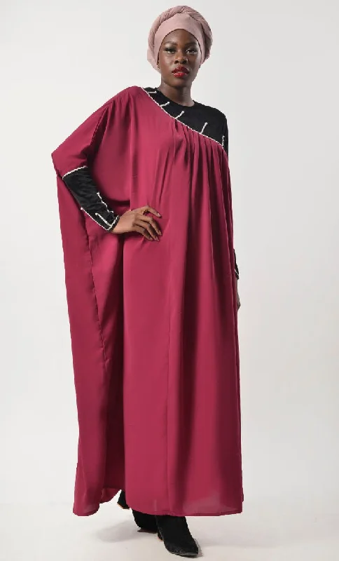 Beautiful Black And Maroon Contrasted Asymmetrical Abaya & Kaftan