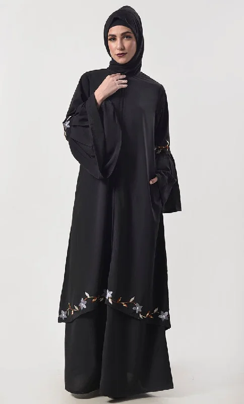 Beautiful Embroidered Double Layered  Black Abaya